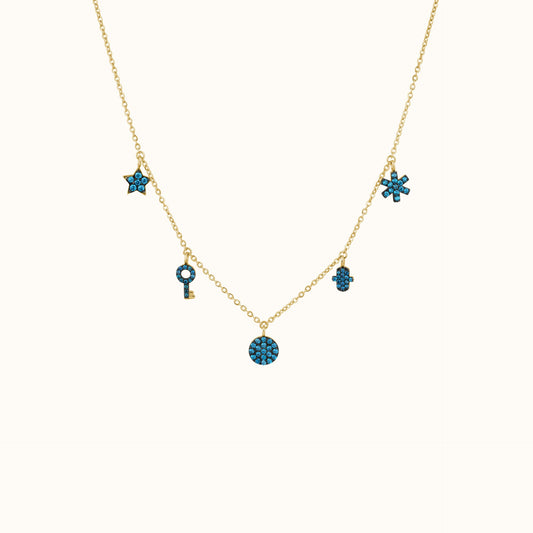 Zyra Mystique Charm Necklace – Gold Chain with Blue Symbolic Pendants
