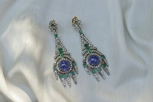Zyra Celestial Empress Earrings – Vintage Drop Design with Emerald & Blue Sapphire Accents
