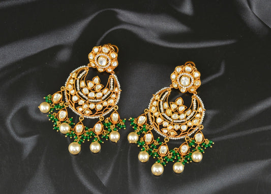 Exquisite Gold Finish Polki & Emerald Chandbali Earrings